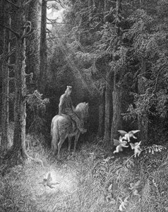 Terwijl hij de donkere bossen doorkruiste, zag hij zelf 3 geesten gek van vreugde langs de weg springen op een grote bloem (een ridder van de ronde tafel die de drie geesten ontmoet in het bos van Brocéliande) - in 