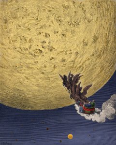 Astolph op de wagen van Elias vertrekt naar de maan voor Rolands reden door Gustave Dore