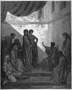 Doop van Cornelius de Centurio - Cornelius de Centurio ontvangt het geloof van Jezus Christus en wordt gedoopt door St. Peter. - Gravure in 
