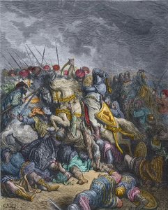 Slag bij Arsur - Richard I Leeuwenhart, koning van Engeland die deelnam aan de 3e Kruistocht - Richard Leeuwenhart in de Slag bij Arsuf, Derde Kruistocht, gravure door Gustave Dore - uit Geschiedenis van de Kruistochten door Joseph-Francois Michaud
