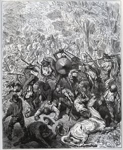 Gevecht met muilezeldrijvers - De Yangois gebruikten hun knuppels - uit "Don Quichot de la Mancha" door Miguel Cervantes (1547-1616) - Houtsnede naar tekening van Gustave Dore door Gustave Dore
