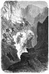 Berenjacht in de Pyreneeën: een man valt van de berg. Gegraveerd door Gustave Doré ter illustratie van het boek 