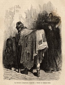 Buhonero, Aragonese marskramer. Tekening door Gustave Doré (1832-1883). Gravure ter illustratie van de reis in Spanje, door Charles Davillier, in 1862, gepubliceerd in 