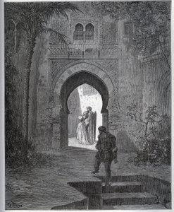 Gevangenisverhaal. Eerste ontmoeting van de gevangene met Zoraide in de tuin van de vader, die haar terugbrengt na zijn flauwte - uit "Don Quichot van La Mancha" van Miguel Cervantes door Gustave Dore