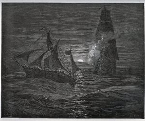 Gevangen verhaal. De Spaanse ontsnappingsboot wordt aangevallen door een Frans schip uit 
