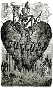 Hoofdstukillustratie door Gustave Doré voor de Drolatic Tales (1855) door Honoré de Balzac (1799-1850): de succubus (vampier) - skelet, dood, hart, bloed