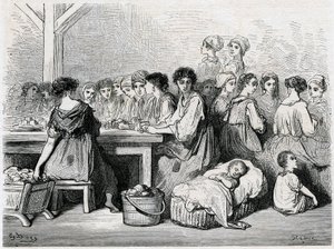Cigarreras van Sevilla. Fabricage van sigaren, arbeiders, tabak. Tekening door Gustave Doré ter illustratie van 