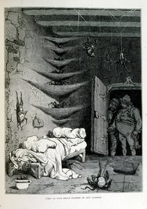 Croque-Mitaine; illustratie uit 1863, door Gustave Doré (1832-1883); Franse kunstenaar, graveur, illustrator. Croque-Mitaine (De boeman) een kwaadaardig personage gepresenteerd aan kinderen om hen bang te maken en zo wijzer te maken. door Gustave Dore