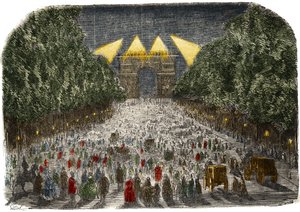 Menigte bewondert de elektrische verlichting van de Arc de Triomphe en de Champs-Elysées in Parijs op 26 en 27 oktober. door Gustave Dore