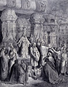 Cyrus II de Grote (580 v.Chr. - 530 v.Chr.) bevrijdde de gevangengenomen volkeren bij zijn aankomst in Babylon in 539 v.Chr. en gaf de Joodse mensen de heilige vaten terug die als buit waren meegenomen uit de tempel van Jeruzalem. Gravure door Gustave Doré