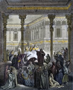 Daniël die de priesters van Baäl verwart - gravure in 