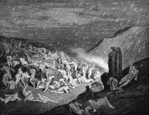 Dante Alighieri Inferno, eerste deel van zijn Divina Commedia (Goddelijke Komedie) 1863. Canto XIV: Derde compartiment van de zevende cirkel waar drie soorten geweld worden bestraft: tegen God, tegen de Natuur en tegen de Kunst. Onophoudelijk was het spel  door Gustave Dore