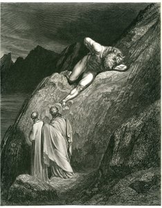 Dante en Vergilius ontmoeten de Minotaurus. Gravure uit De Hel van Dante Alighieri (de Goddelijke Komedie) geïllustreerd door Gustave Doré. Franse editie van 1861. door Gustave Dore
