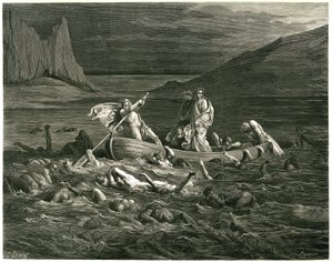 Dante en Virgil zeilen, geleid door de Nocher Phlegyas, op de Styx waarin verdoemden waden, die proberen in de boot te klimmen. Gravure uit De Hel door Dante Alighieri (de Goddelijke Komedie) geïllustreerd door Gustave Dore. Franse editie van 1861. door Gustave Dore
