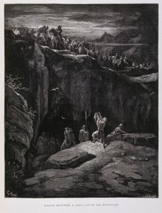 David biedt zijn zwaard aan in loyaliteit aan Saul, koning van Israël, Illustratie uit de Dore Bijbel