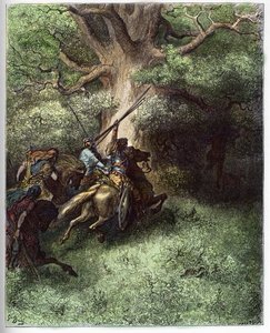 De dood van Absalom (Avshalom) - Na de nederlaag tegen de troepen van zijn vader bleef Absalom hangen aan de takken van een boom terwijl hij van het slagveld vluchtte - gravure in 