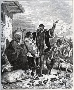 Don Quichot overtuigt zijn buurman Sancho Panza om zijn schildknaap te zijn - uit "Don Quichot van La Mancha" van Miguel Cervantes door Gustave Dore