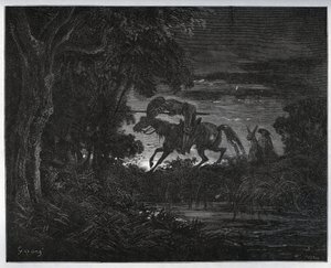 Don Quichot en Sancho Panza aan het begin van het avontuur in een dicht en onbekend bos - uit "Don Quichot de la Mancha" door Miguel Cervantes (1547-1616) - Houtsnede naar tekening van Gustave Dore