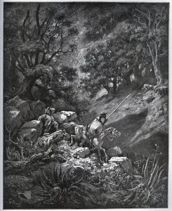 Don Quichot en Sancho Panza vervolgen hun reis in Sierra Morena op zoek naar de Deguenille-de-la-Malaise-Mijn - uit "Don Quichot de la Mancha" door Miguel Cervantes (1547-1616) - Houtsnede naar tekening van Gustave Dore