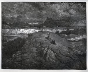 Don Quichot en Sancho Panza vervolgen hun avonturen in een bergachtig gebied, Sierra Morena - uit "Don Quichot de la Mancha" door Miguel Cervantes (1547-1616) - Houtsnede naar tekening van Gustave Dore door Gustave Dore