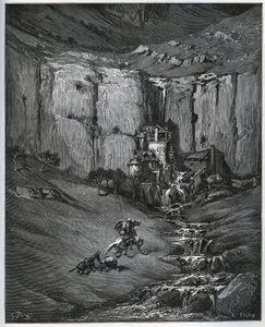 Don Quichot en Sancho Panza ontdekken wat hun bezorgdheid veroorzaakte, een waterval en een molen - uit 