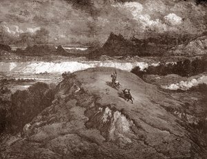 Don Quichot en Sancho Panza naderen de Sierra Morena. Gravure door Gustave Doré voor 