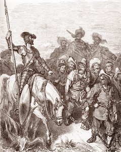 Don Quichot en Sancho Panza ondervragen de criminelen die naar de galeien worden geleid. Gravure door Gustave Doré voor 