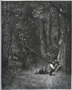 Don Quichot wekt Sancho Panza - uit "Don Quichot van La Mancha" van Miguel Cervantes door Gustave Dore