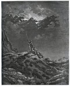 Don Quichot gaat op missie voor Dorothee, vergezeld door Sancho Panza, barbier, Dorothee, pastoor en Cardenio - uit 