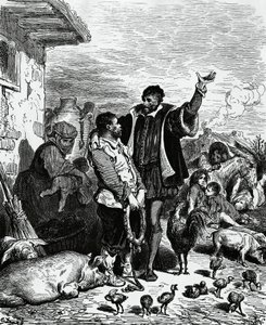 Don Quichot neemt Sancho Panza mee van zijn huis en benoemt hem tot gouverneur, illustratie door Gustave Doré (1832-1883) voor de editie van 1880 van Don Quichot door Miguel de Cervantes Saavedra (1547-1616) door Gustave Dore