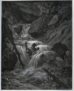 Dorothee, verkleed als een jonge boer, ontketent zijn wellustige knecht - uit "Don Quichot van La Mancha" van Miguel Cervantes door Gustave Dore