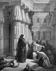 Egyptenaren dringen er bij Mozes op aan te vertrekken, door Doré. - Bijbel door Gustave Dore