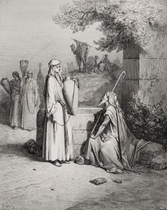 Eliezer en Rebekka, Genesis 24:15-21, illustratie uit Dore