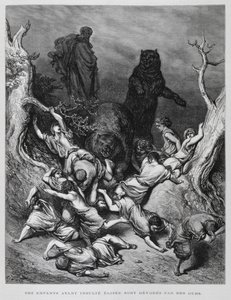 Elisa kijkt toe terwijl de kinderen door beren worden vernietigd, Illustratie uit de Dore Bijbel door Gustave Dore