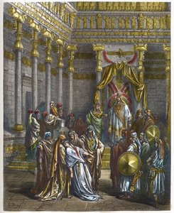 Esther valt flauw voor de koning van Perzië Assuerus I (Xerxes I) - Koningin Esther valt flauw voor koning Ahasveros - gravure in 