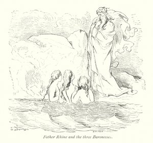 Vader Rijn en de drie barones (gravure) door Gustave Dore