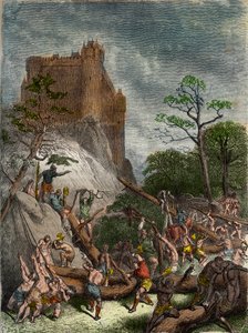 Feodaliteit in de Middeleeuwen: Lijfeigenen werken voor de Heer - Gravure door Gustave Doré uit de 19e eeuw in 