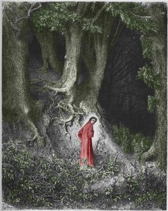 Eerste lied van de hel: de dichter Dante bevindt zich in een bos. Illustratie door Gustave Doré