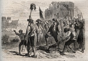 Franse Revolutie: De dood van Jacques de Flesselles, graaf van Brégy (1730-1789), Franse bestuurder, prévôt des marchands op de trappen van het stadhuis in Parijs op 14 juli 1789 - De dood van Jacques de Flesselles, provoost van de kooplieden van Parijs door Gustave Dore