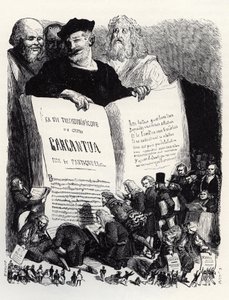 Frontispice van de editie van 1854 - In het gezelschap van oude en moderne schrijvers presenteert Rabelais zijn tweede roman - illustratie uit 