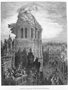 Gargantua rustend op de torens van de Onze-Lieve-Vrouwekerk. Gravure naar het werk Gargantua door François Rabelais (1483 - 1553)
