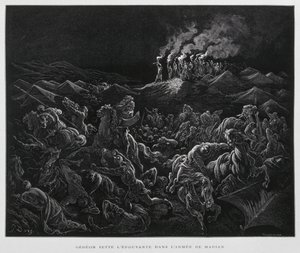 Gideon valt de Midianieten aan in de nacht, Illustratie uit de Dore Bijbel