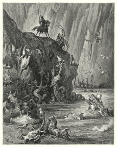 Een groot meer van kokende pek, waarin een oneindige menigte van woeste en verschrikkelijke wezens heen en weer trekken (gravure) door Gustave Dore