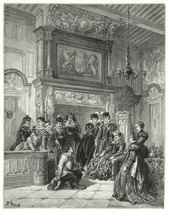 Op verzoek van de hertogin vertelde hij het hele verhaal van de recente vermeende betovering zeer getrouw (gravure) door Gustave Dore
