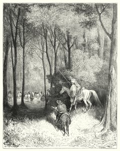 Don Quichot zag een gezelschap, dat hij bij nader inzien als personen van kwaliteit beschouwde (gravure) door Gustave Dore