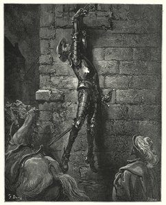 Hij zou onvermijdelijk op de grond zijn gevallen, als zijn pols niet stevig aan het touw was vastgemaakt (gravure) door Gustave Dore