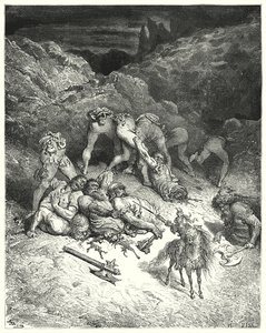 Hoe Felixmarte vijf reuzen in tweeën sneed (gravure) door Gustave Dore