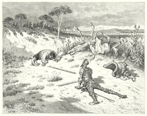 Don Quichot van Gustave Doré: "Sancho, ik heb altijd gehoord dat een vriendelijkheid doen aan boeren is als water in de zee gooien" door Gustave Dore