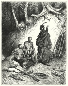 De schildknapen lieten Don Quichot, Roque en Sancho achter om hun terugkeer af te wachten (gravure)
