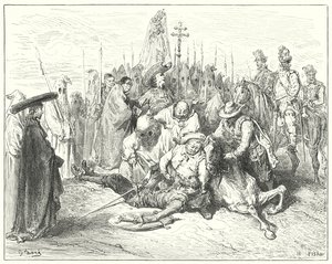 De jammerlijke klanken van de stem van de schildknaap riepen Don Quichot eindelijk tot zichzelf (gravure) door Gustave Dore
